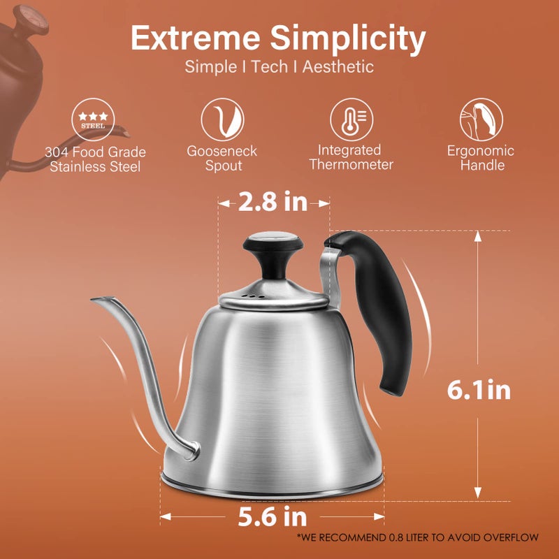 Chefbar Tea Kettle with Thermometer for Stove Top Gooseneck Kettle, Pour Over Coffee Tea Pot, Goose Neck Tea Pot Stovetop, Hot Water Heater for Camping, Home & Kitchen, Stainless Steel - Small 28oz - Image 2